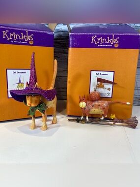 Krinkles Department 56 Halloween Pumpkin Cat with Broom and Witch Cat Ornaments